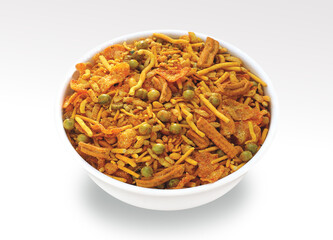 Indian Namkeen Snacks served in ceramic bowl & plate or Indian traditional Namkeen Food Mixture or...