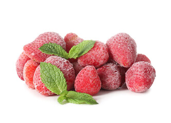 Frozen strawberry and fresh mint on white background