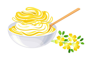 Yellow Mustard Sauce or Paste in Bowl with Plant Specie Rested Nearby Vector Illustration