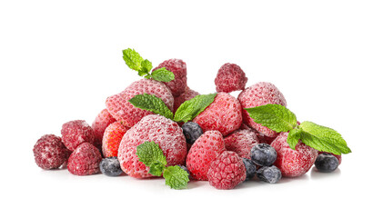 Different frozen berries and fresh mint on white background
