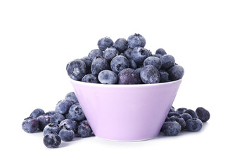 Bowl with frozen tasty blueberry on white background