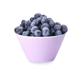 Bowl with frozen tasty blueberry on white background