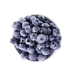 Bowl with frozen tasty blueberry on white background