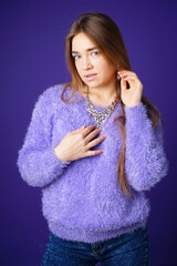 Portrait girl in violet background