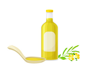 Mustard Oil in Glass Bottle with Spoon and Plant Specie Rested Nearby Vector Illustration