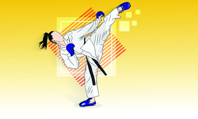 A karate girl in a kimono raised her leg for a kick. Vector illustration © KivKom