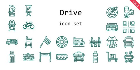 drive icon set. line icon style. drive related icons such as bus, van, racing, bicycle, rolling wheel, usb, wheel, truck, taxi, sign, traffic barrier, transportation