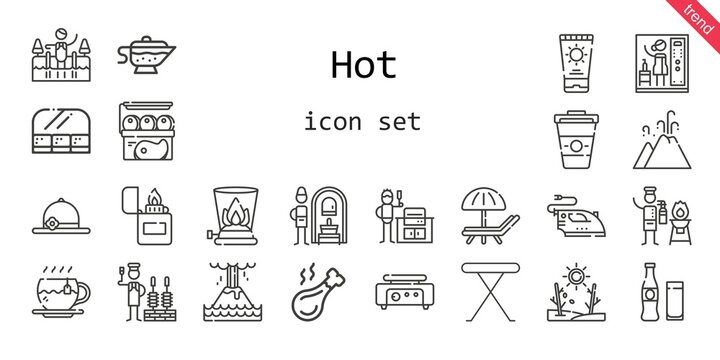 hot icon set. line icon style. hot related icons such as fire extinguisher, iron table, churrasco, crepe maker, russian banya, lighter, sauce, cold water, bbq grill, tea, sunbed, drought