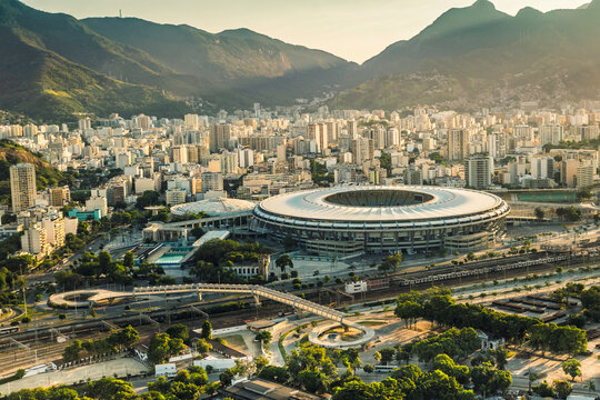 Aerial photo of Maracana Stadium with panorama of Rio De Janeiro
