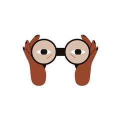 Black hands are holding binoculars and eyes are searching. The concept of combating racism. Black lives matter.