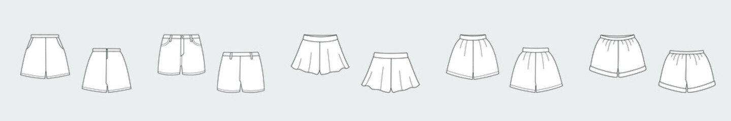 Set of shorts vector template isolated on a grey background. Female model. Front and back view. Outline fashion technical sketch of clothes model.