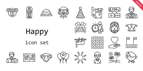 happy icon set. line icon style. happy related icons such as love, pet food, balloon, monkey, student, mummy, pilgrim, employee, message, sloth, sun, wedding car, postcard