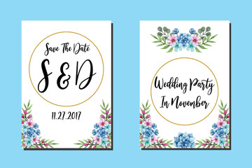 Wedding invitation frame set, Blue floral watercolor hand drawn Dahlia Flower design Invitation Card Template