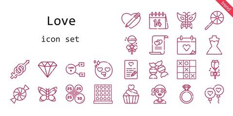 Obraz premium love icon set. line icon style. love related icons such as wedding dress, balloon, gender, candy, engagement ring, wedding day, lollipop, girl, sharing, petals, heart, diamond, in love, butterfly