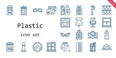 plastic icon set. line icon style. plastic related icons such as sun lotion, pet food, shield, sunglasses, suitcase, water tank, chair, garbage, soda, trash, comb, glasses, detergent, id card