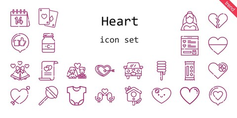 heart icon set. line icon style. heart related icons such as love, bride, candy, like, wishlist, poker, broken heart, lollipop, medicine, body, wedding bells, heart, wedding car, cupid, love birds