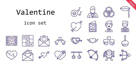 valentine icon set. line icon style. valentine related icons such as groom, couple, broken heart, caramelized apple, bow, wedding video, heart, cupid, lips, romantic music, rings, love birds