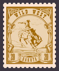 Obraz premium vector image of a cowboy on a horse in the form of a postage stamp printing on paper and t-shirt 