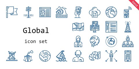 global icon set. line icon style. global related icons such as antenna, news, file transfer, flag, panels, news reporter, windmill, ship, networking, gps, pollution, network, tsunami