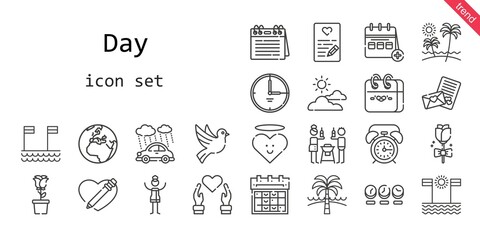 day icon set. line icon style. day related icons such as alarm clock, calendar, rain, woman, clock, heart, friends, cloudy, dove, beach, earth, love letter, rose, time,