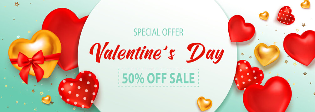 Sale valentine poster, great design for any purposes. Vector design elements. Shopping event typography illustration. 3D realistic vector, flyer, banner.