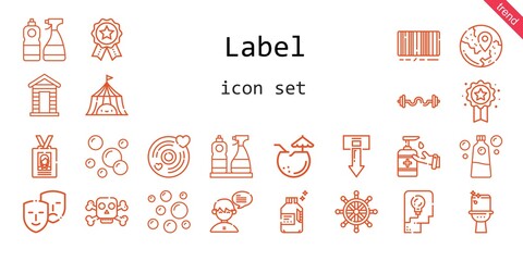 label icon set. line icon style. label related icons such as antiseptic, tent, poison, comedy, cabin, thinking, bars, coconut, badges, badge, detergent, id card, download, toilet, chat, rudder