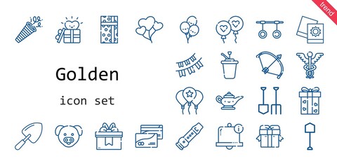 golden icon set. line icon style. golden related icons such as gift, balloon, confetti, balloons, shovel, syrup, bow, bell, garlands, pictures, pig, flute, magic lamp, rings, caduceus, credit card,