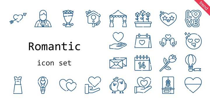 romantic icon set. line icon style. romantic related icons such as love, dress, dreamcatcher, groom, wedding day, bouquet, heart, cupid, hot air balloon, in love, wedding arch, tulips, love birds
