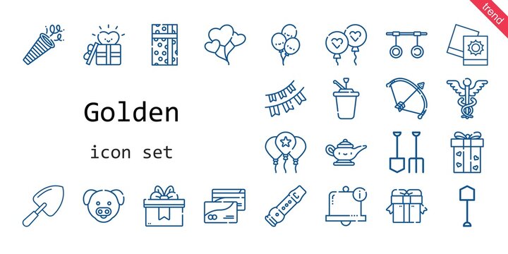 golden icon set. line icon style. golden related icons such as gift, balloon, confetti, balloons, shovel, syrup, bow, bell, garlands, pictures, pig, flute, magic lamp, rings, caduceus, credit card,