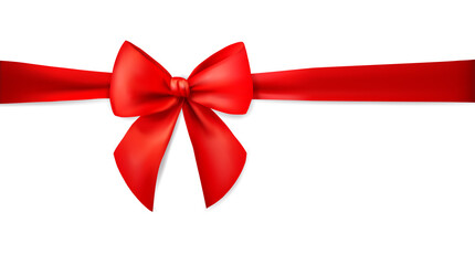 Red ribbon with bow isolated on white background. Holiday decoration. Realistic 3d vector illustration.