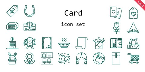 card icon set. line icon style. card related icons such as gift, soup, wallet, tickets, poker, garlands, flower, horseshoe, cupid, bank, envelope, paper, wedding arch, witch hat, earth