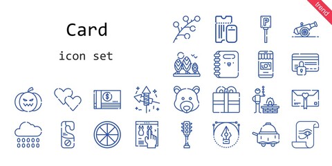 card icon set. line icon style. card related icons such as gift, parking, rain, cannon, tree, fireworks, branch, heart, bbq, orange, online shop, paper, money, door hanger, room service, bear