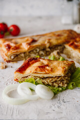 Pie with potatoes and chicken, with onions, peppers, mushrooms lies on a lettuce leaf and light background