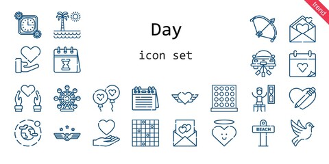 day icon set. line icon style. day related icons such as love, calendar, balloon, wedding day, air force, bow, heart, wedding car, timer, environment, dove, ferris wheel, tic tac toe, beach