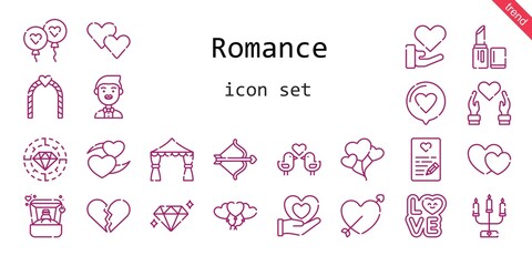 romance icon set. line icon style. romance related icons such as love, balloon, groom, balloons, ring, broken heart, lipstick, heart, cupid, diamond, wedding arch, love birds, candelabra, hearts