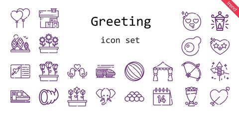 greeting icon set. line icon style. greeting related icons such as flowers, egg, balloons, tree, bouquet, bow, fireworks, house, heart, cupid, ball, wedding arch, tulips, in love, love birds