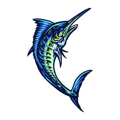 Blue marlin fish, hand drawn line style with digital color, vector illustration