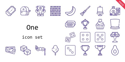 one icon set. line icon style. one related icons such as banana, cotton candy, eye mask, tickets, ticket, top hat, broom, dice, money bag, dollar, notification bell, sharpener, binary code, trophy