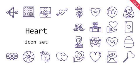 heart icon set. line icon style. heart related icons such as love, bride, groom, wedding ring, candy, like, garter, broken heart, lollipop, heart, swans, wedding car, cupid, bird house, tic tac toe