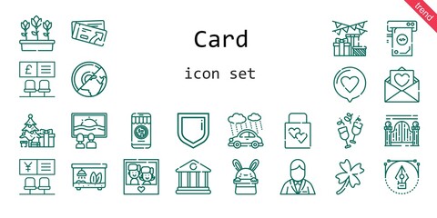 card icon set. line icon style. card related icons such as gift, love, rain, groom, canvas, ticket, wedding gift, christmas tree, clover, photo, terrarium, bank, security, tulips, money, earth