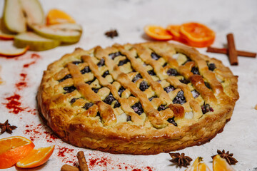 Blueberry pie on a light background, from above, baked goods