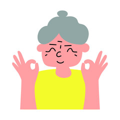 Smiling old lady showing ok sign. Vector illustration on white background.