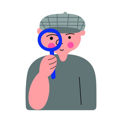 Boy with magnifying glass look like detective. Vector illustration on white background.