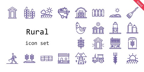 rural icon set. line icon style. rural related icons such as wheelbarrow, broom, cabin, silo, farmer hoeing, hen, farm house, chicken coop, field, road, barn, tractor, wheat, hay bale, fence, cabins,