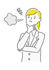 スーツの女性のイラスト。悩んでいる若い女性。