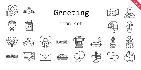 greeting icon set. line icon style. greeting related icons such as love, birdhouse, groom, large, balloons, signpost, ribbon, bouquet, kiss, heart, saving, love birds, postcard, cake, plant