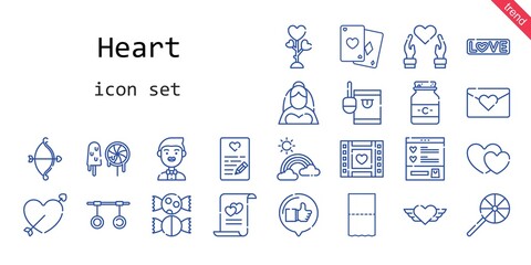 heart icon set. line icon style. heart related icons such as love, bride, groom, like, candy, wishlist, poker, lollipop, medicine, wedding video, heart, cupid, rainbow, rings, marriage, hearts