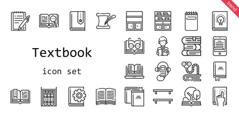 textbook icon set. line icon style. textbook related icons such as bookworm, literature, ereader, audio guide, books, open book, bookshelf, book, notepad, reading,