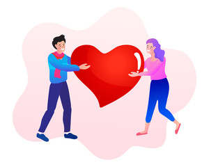 Valentines day woman holding red heart balloon. Happy couple in love holding red heart shape. vector illustration