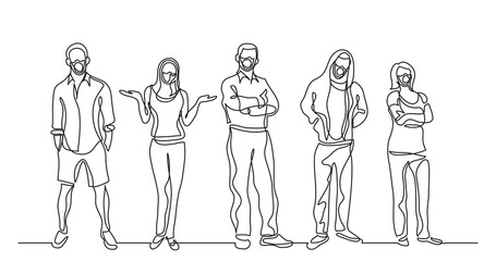 continuous line drawing of group of standing people wearing face masks